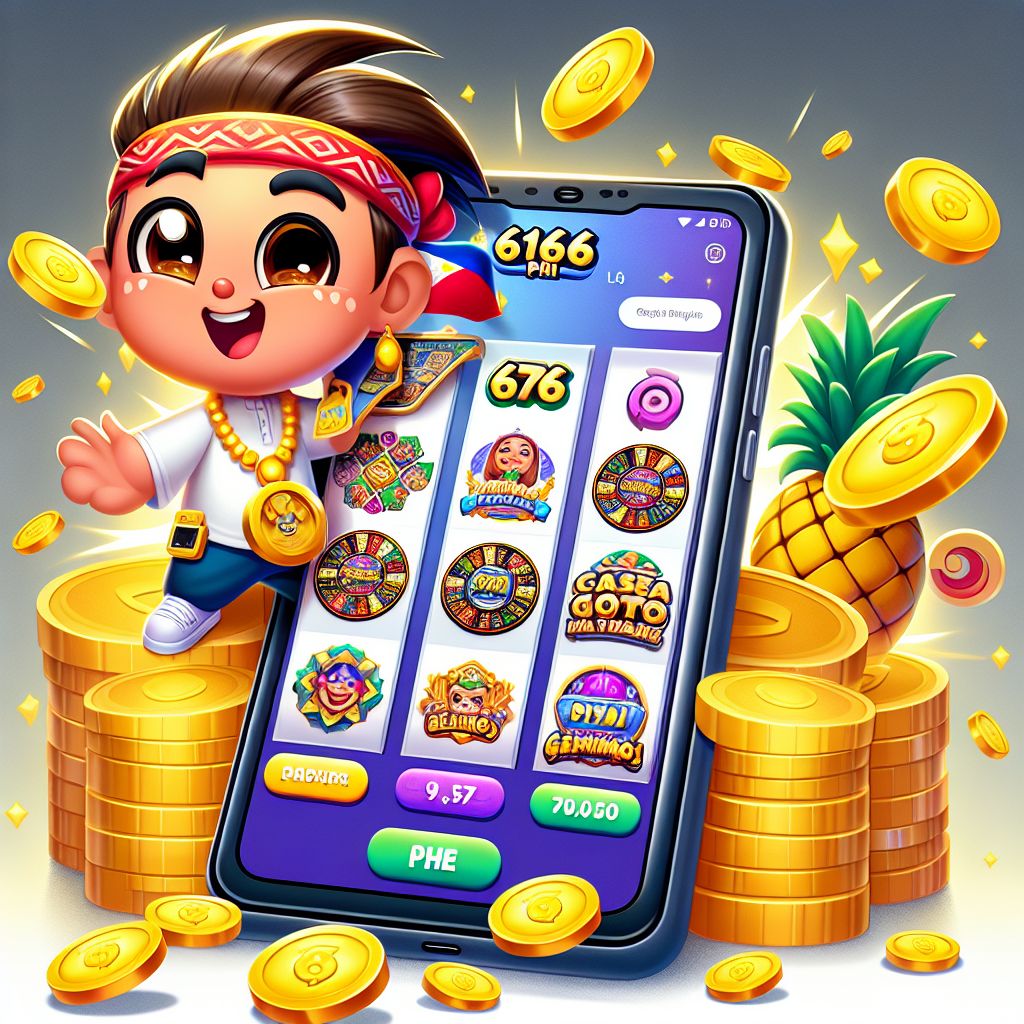 6161PH cartoon character holding smartphone with casino games and golden coins