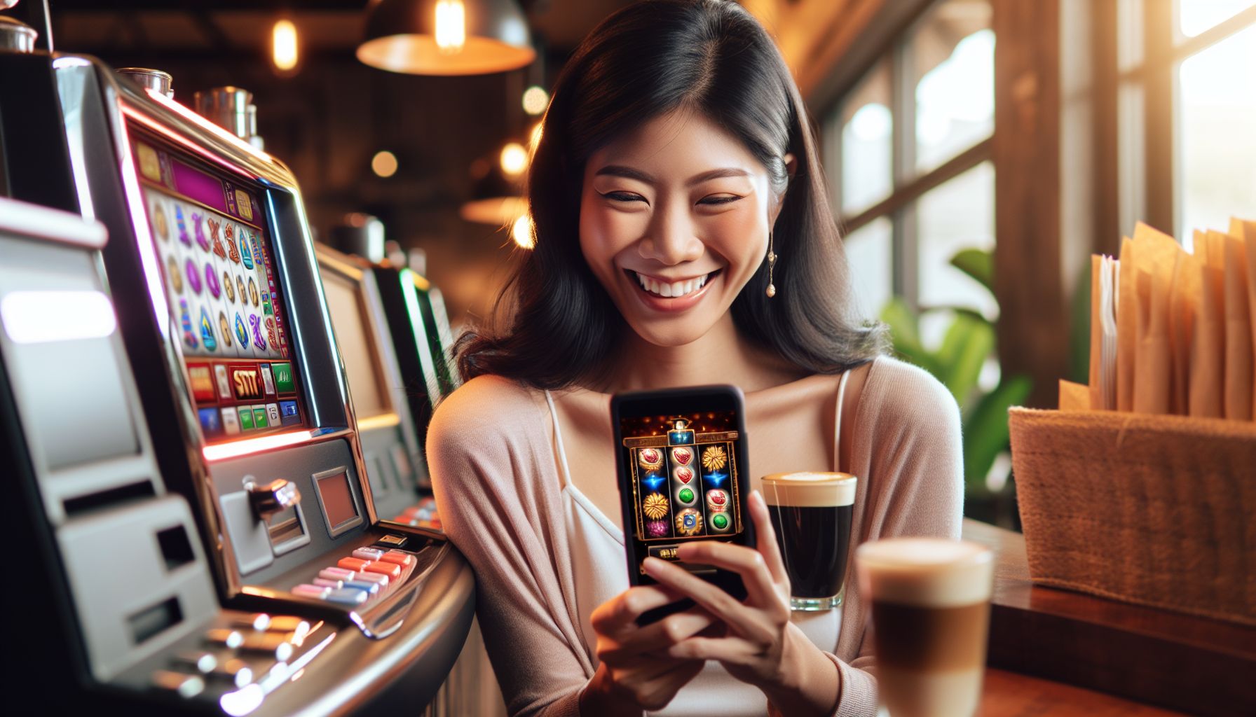Young Filipino player enjoying casino games on smartphone with winning animations