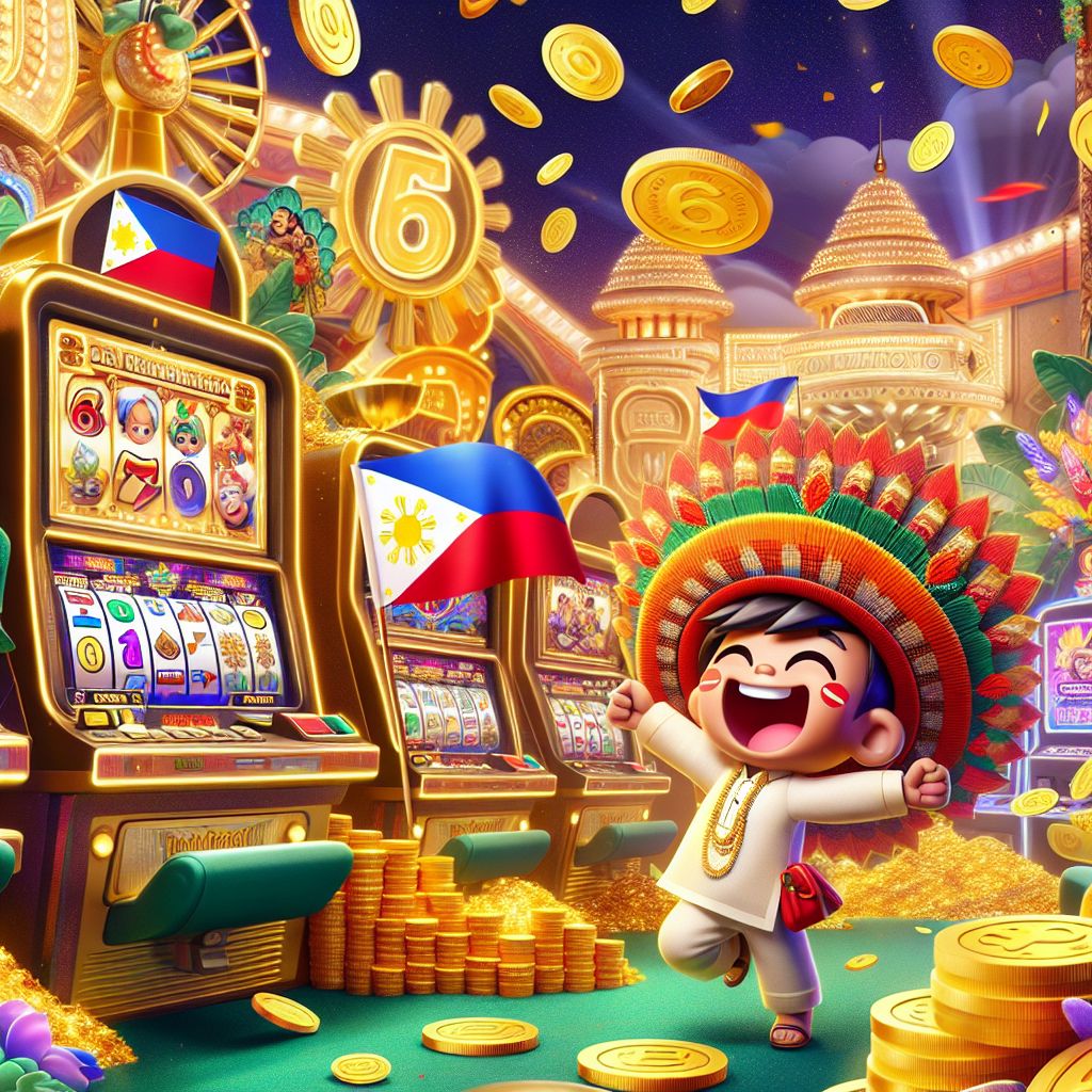 6161PH casino characters celebrating wins with gold coins and slot machines