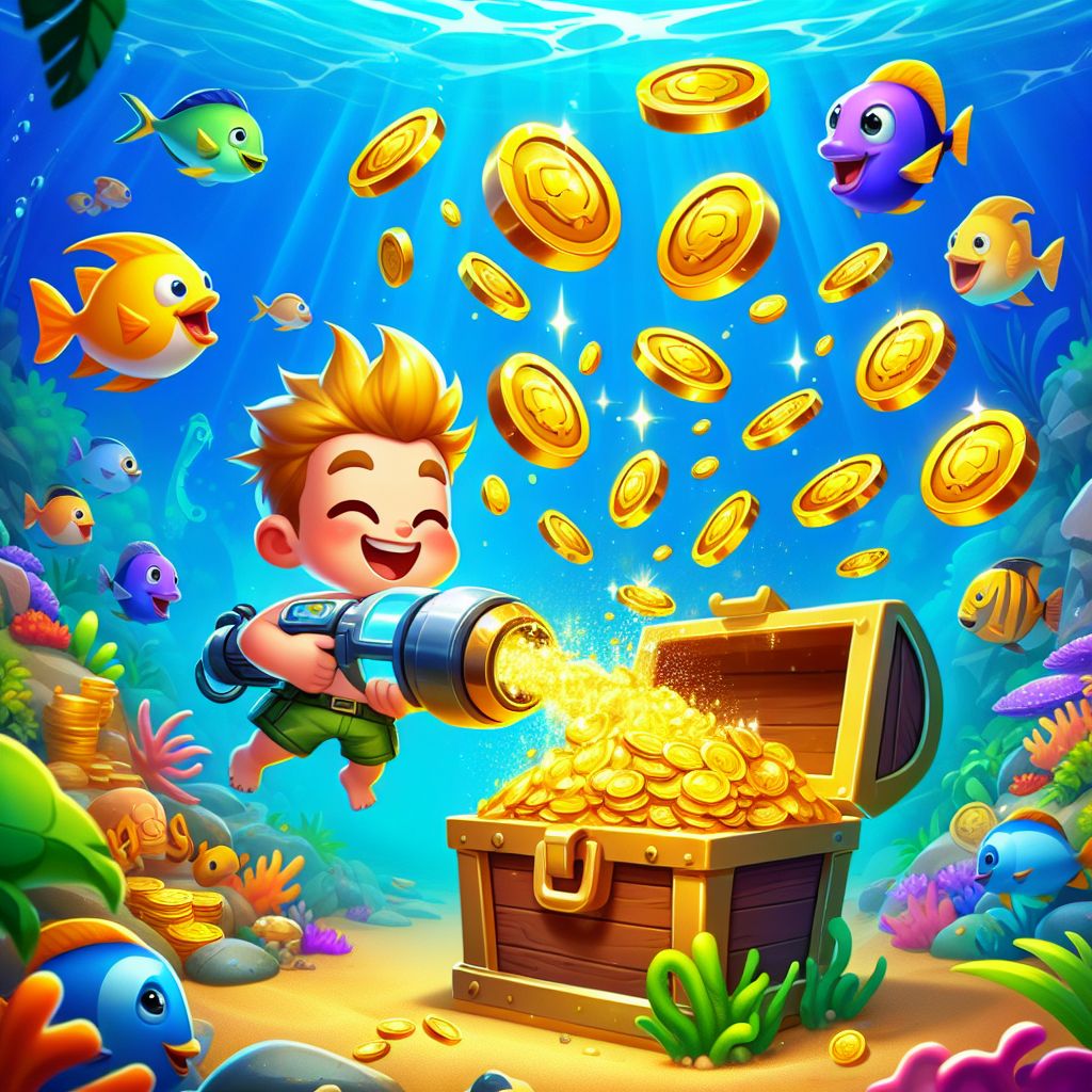 6161PH fishing game character shooting colorful fish underwater with coins exploding