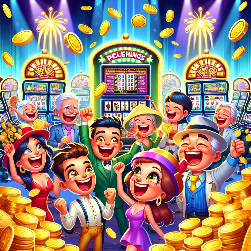 6161PH casino characters celebrating with gold coins and slot machines