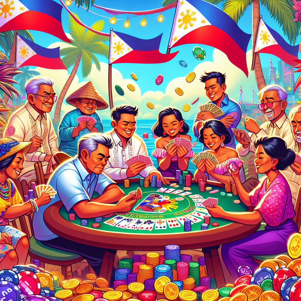 6161PH Tongits characters with cards and chips in a vibrant Filipino casino setting